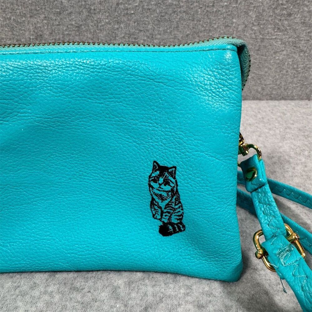Shara Porter Small Aqua Crossbody Bag with Black Cat Print Adjustable Strap - Picture 2 of 16